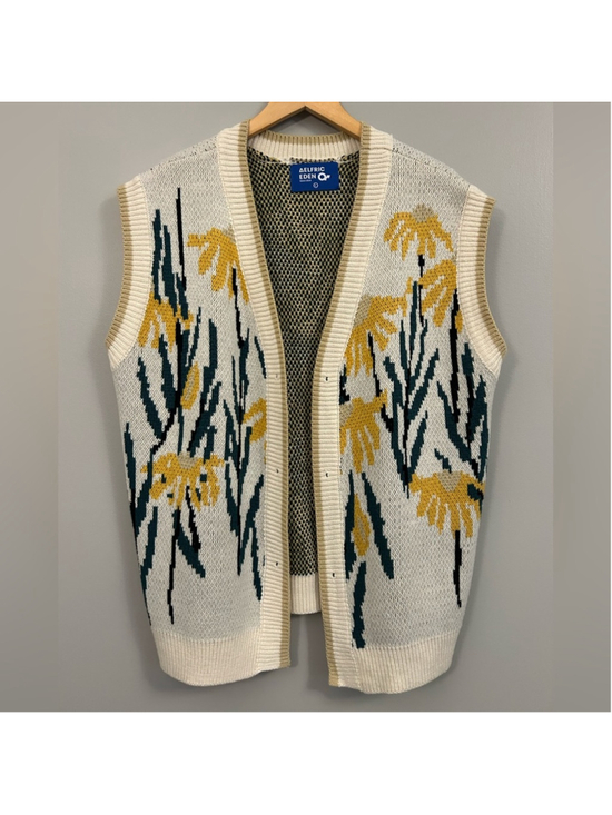 Aelfric Eden Sweaters - Aelfric Eden Cream Knit Floral Vest with Yellow and Green Motif Large
